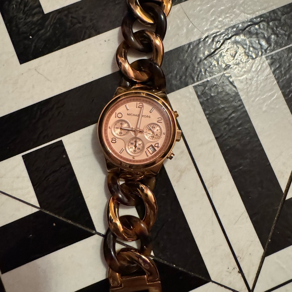 Michael Kors Rose Gold Watch with Dark Brown Chain Band